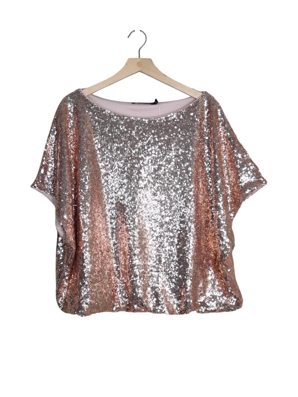 NYC & Co. Women's XL Rose Gold Sequin Dolman Sleeve Oversized Lined Blouse NEW